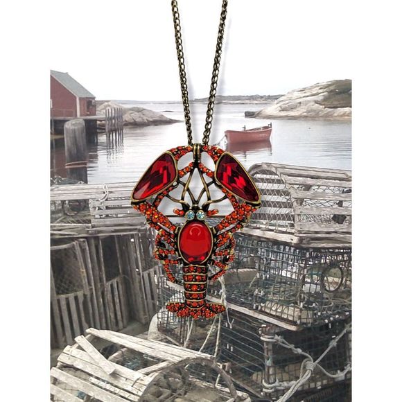 New Original Tag. Immaculate Red Crystal Blue Eyed Lobster Pendant Pin - Picture 2 of 5
